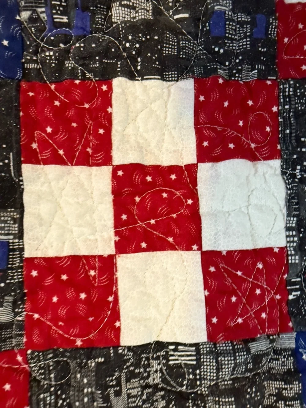 Handmade Patriotic Theme Mini Lap Cotton Quilt with New York City Scape Panels